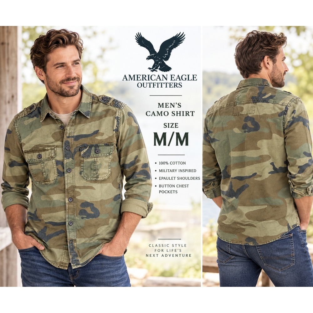 NWT American Eagle Mens Camo Military Utility Shirt Medium 100% Cotton #1921